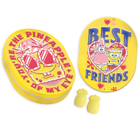 SpongeBob Valentine's Day candy tins, "You're the Pineapple of My Eye" design open with SpongeBob wearing pineapple sunglasses, "Best Friends" design closed with SpongeBob and Patrick in a heart, two pineapple-shaped candies beside the tins.