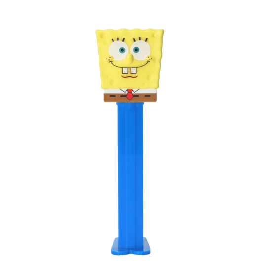 Classic SpongeBob SquarePants PEZ dispenser with a yellow square head, red tie, brown pants, and a blue candy stem.