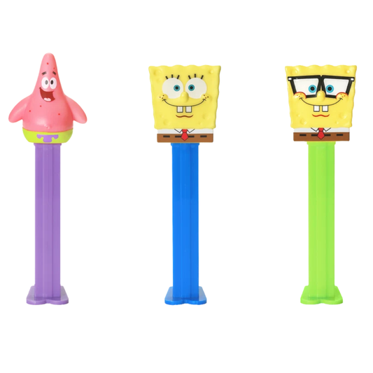 Three SpongeBob SquarePants PEZ dispensers featuring Patrick Star with a purple stem, classic SpongeBob with a blue stem, and SpongeBob wearing glasses with a green stem.
