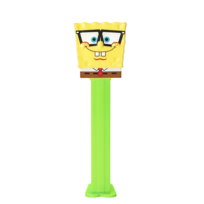 SpongeBob SquarePants PEZ dispenser wearing black-framed glasses, with a red tie, brown pants, and a green candy stem.