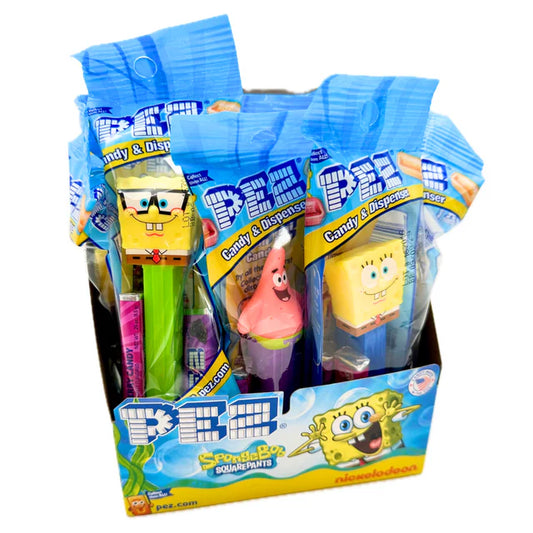 SpongeBob SquarePants and Patrick PEZ candy dispensers in colorful packaging with fruit-flavored candy refills, displayed in a retail box.