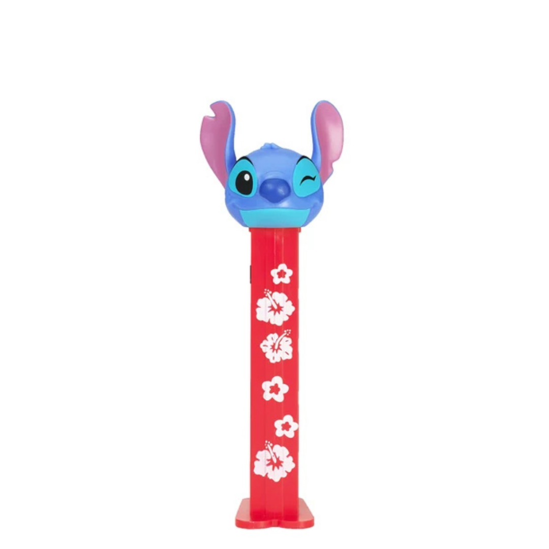 Lilo & Stitch Winking Stitch PEZ dispenser with blue fur and a winking expression, red dispenser with white hibiscus flower print.