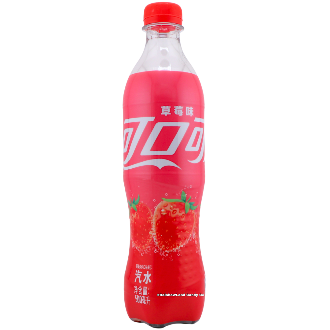 500 ml bottle of Strawberry Coca-Cola imported from China featuring a red bottle with Chinese Coca-Cola branding and a strawberry graphic with the classic Coca-Cola script in Chinese.