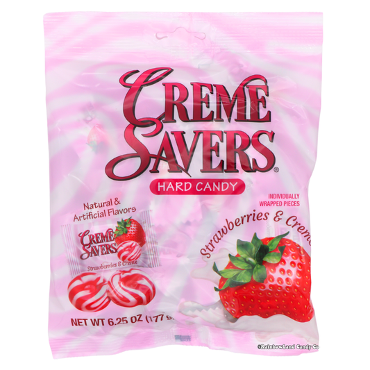 Creme Savers Strawberries & Creme hard candy in a pink 6.25 oz bag, featuring the iconic red-and-white swirl candy pieces and a fresh strawberry image on the front.