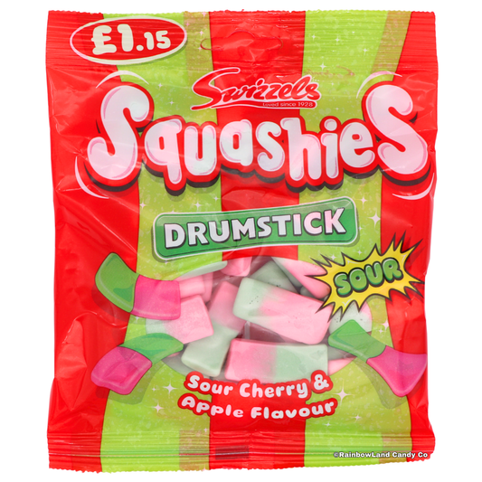Swizzels Squashies Sour Cherry & Apple, in red and green packaging with soft, chewy gummy candy pieces in pink and green shown through the front window.