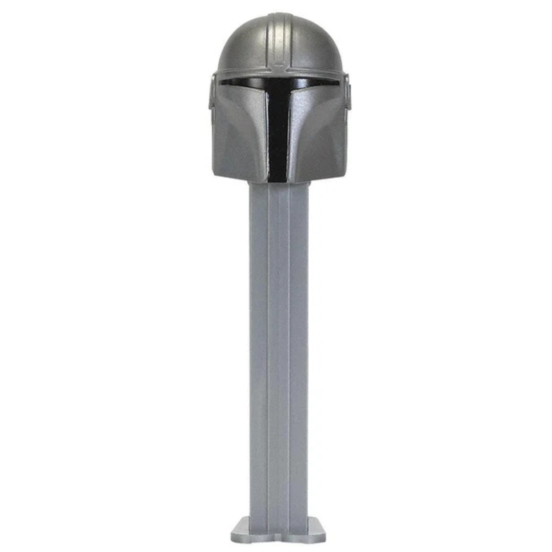 The Mandalorian PEZ dispenser, silver beskar helmet with a black T-shaped visor, gray dispenser.
