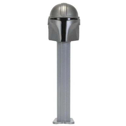 The Mandalorian PEZ dispenser, silver beskar helmet with a black T-shaped visor, gray dispenser.