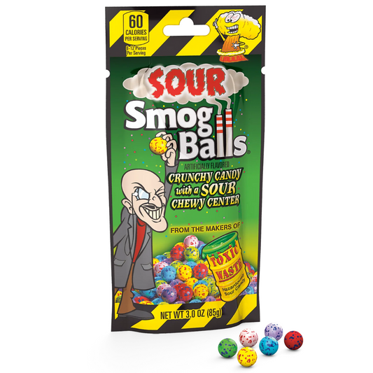 Toxic Waste Sour Smog Balls, 3 oz bag in green and yellow packaging with speckled, multicolored crunchy candy balls and a Toxic Waste container graphic on the front.