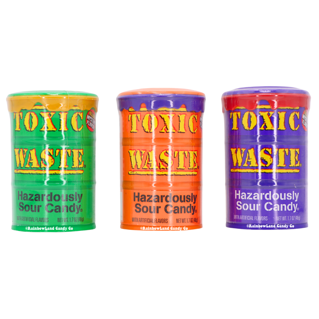 Toxic Waste Candy Drum with ultra-sour hard candies in assorted flavors, drum color varies.
