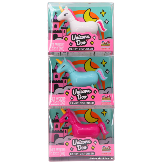 Unicorn Doo Candy Dispenser, 0.32 oz, a unicorn-shaped candy toy with rotating head and candy pellets included, available in White, Teal, or Pink, with color randomly selected.