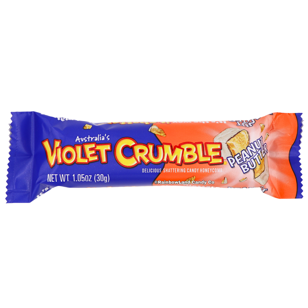 Violet Crumble Peanut Butter Bar wrapper, blue and orange packaging with yellow "Violet Crumble" logo and "Peanut Butter" text, net weight 1.05 oz (30g).