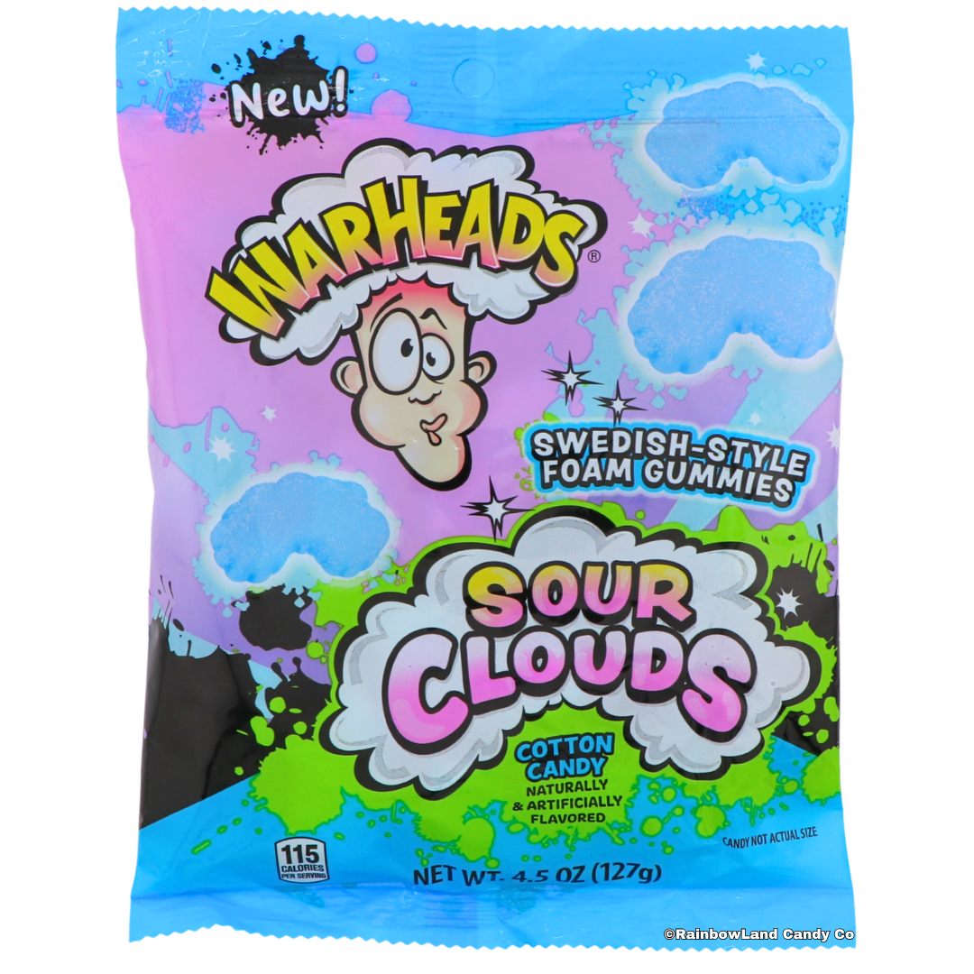 Warheads Sour Clouds Cotton Candy bag, 4.5 oz, featuring the Warheads mascot on a blue and purple splatter background with fluffy cloud graphics and "Swedish-Style Foam Gummies" callout.