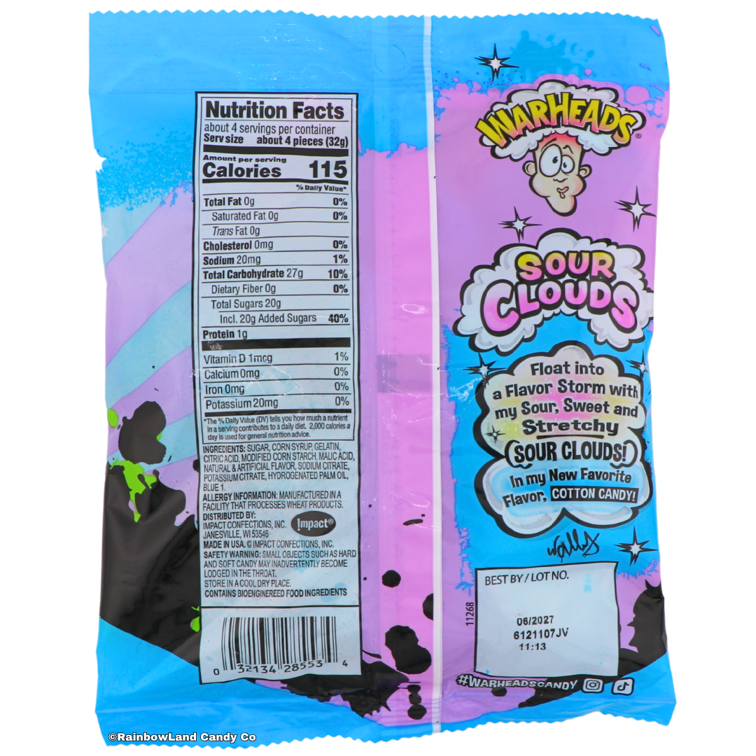 Back of Warheads Sour Clouds Cotton Candy bag showing nutrition facts for a 4-piece serving, ingredients list, allergy information, and Impact Confections branding with a "Float into a Flavor Storm" tagline.