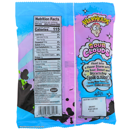Back of Warheads Sour Clouds Cotton Candy bag showing nutrition facts for a 4-piece serving, ingredients list, allergy information, and Impact Confections branding with a "Float into a Flavor Storm" tagline.
