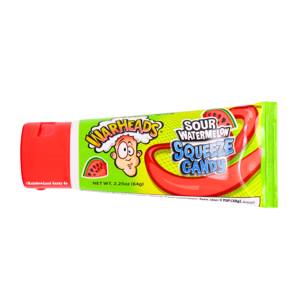 Green and red 2.25 oz Warheads Sour Watermelon Squeeze Candy tube featuring the Warheads mascot, a watermelon graphic, and "Sour Watermelon Squeeze Candy" branding on a bright green background.