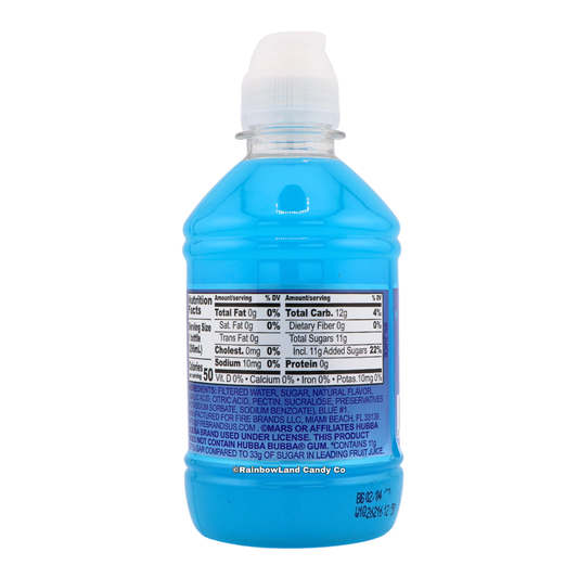 Back of Wrigley's Hubba Bubba Blue Raspberry flavored water bottle showing the blue liquid, nutrition facts panel, and ingredient list on the label.