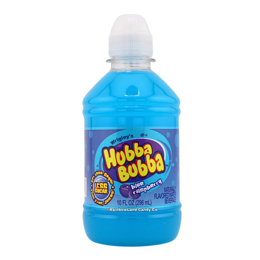 Bright blue Wrigley's Hubba Bubba Blue Raspberry flavored water beverage bottle with a purple bubble-themed label, "67% Less Sugar Than Fruit Juices," naturally flavored, 10 fl oz (296 mL).