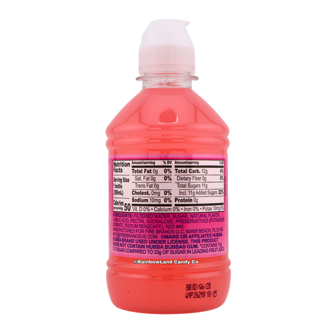 Back of Wrigley's Hubba Bubba Outrageous Original flavored water bottle showing the pink liquid, nutrition facts panel, and ingredient list on the label.