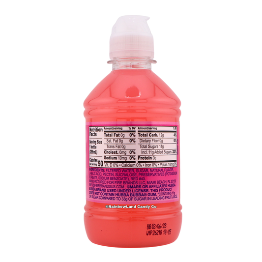 Back of Wrigley's Hubba Bubba Outrageous Original flavored water bottle showing the pink liquid, nutrition facts panel, and ingredient list on the label.