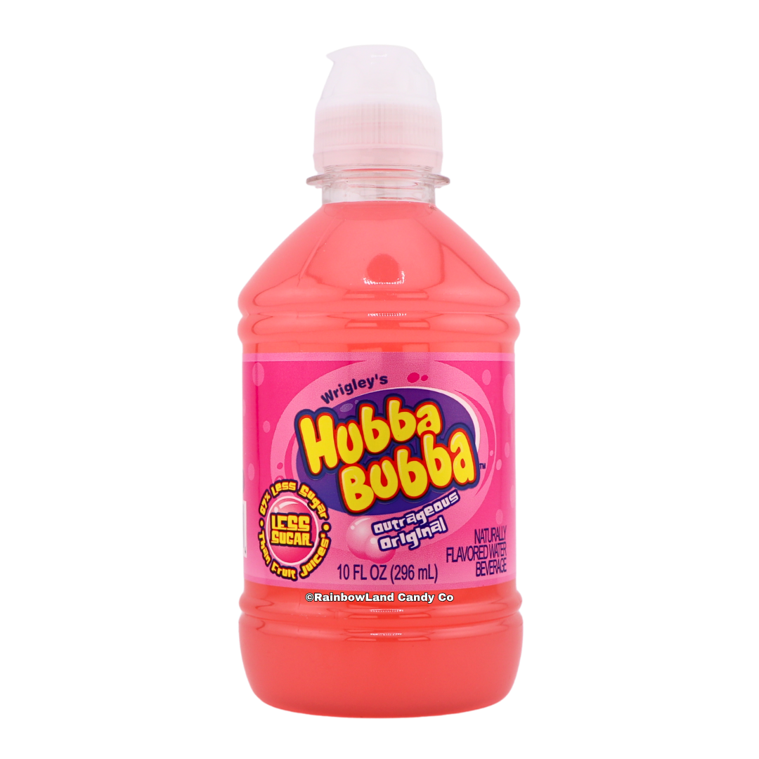 Pink Wrigley's Hubba Bubba Outrageous Original flavored water beverage bottle with a pink bubble-themed label, "67% Less Sugar Than Fruit Juices," naturally flavored, 10 fl oz (296 mL).