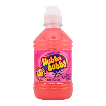 Pink Wrigley's Hubba Bubba Outrageous Original flavored water beverage bottle with a pink bubble-themed label, "67% Less Sugar Than Fruit Juices," naturally flavored, 10 fl oz (296 mL).