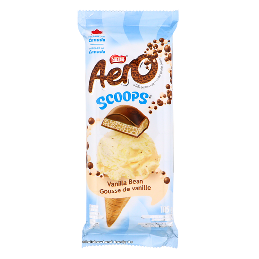 Nestlé Aero Scoops Vanilla Bean chocolate bar from Canada with bubbly milk chocolate and vanilla ice cream flavor center.