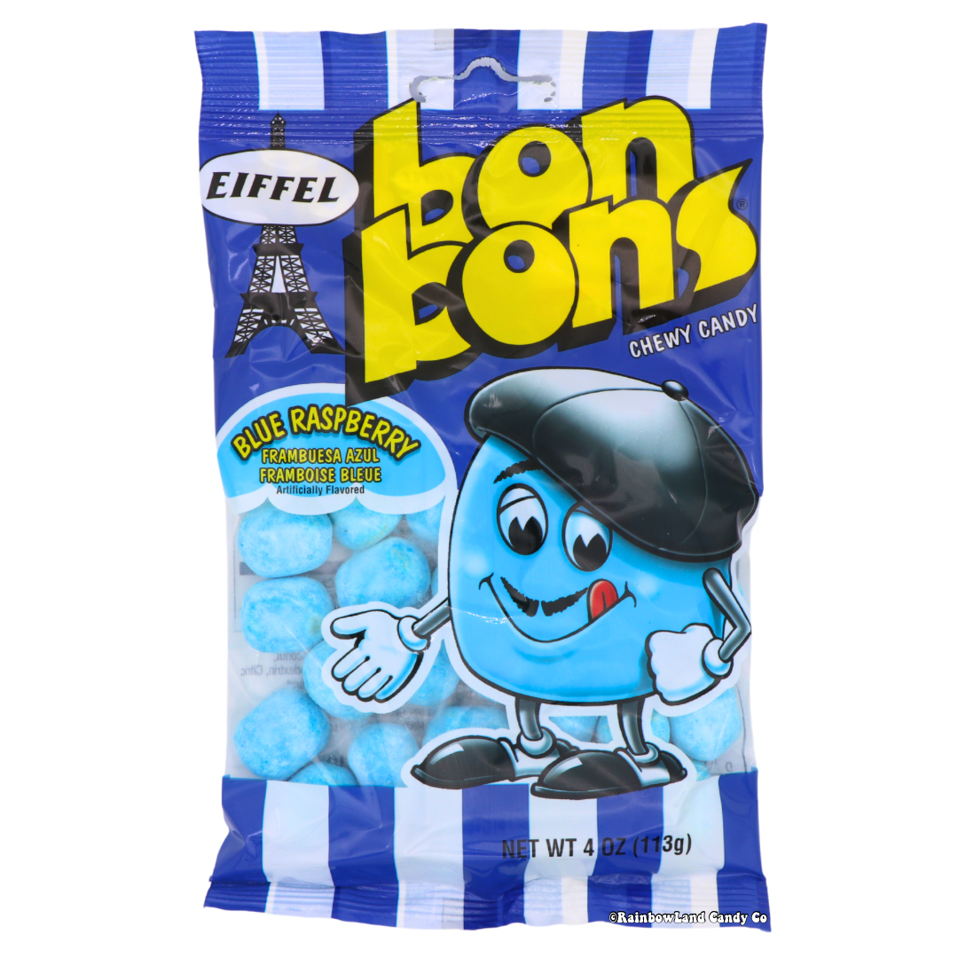 Blue raspberry bon bons chewy candy by Eiffel in a 4 oz bag with powdery shell and fruity blue raspberry flavor.