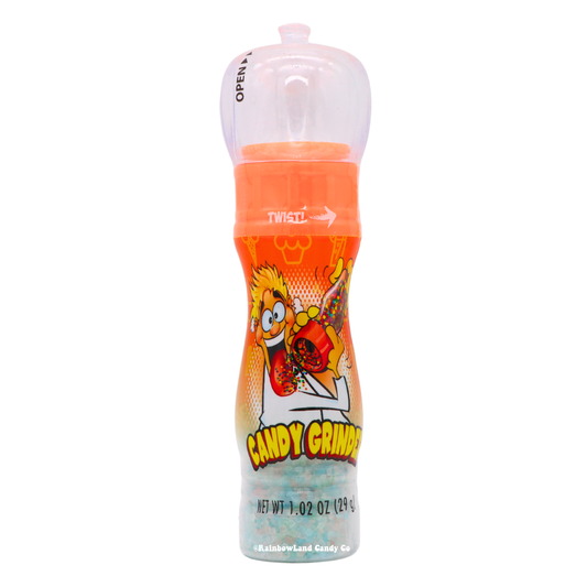 Candy Grinder novelty fruit candy 1.02oz in an orange and blue twist-to-grind bottle dispenser, featuring two layers of colorful fruit candy that grind together when the bottle is twisted.