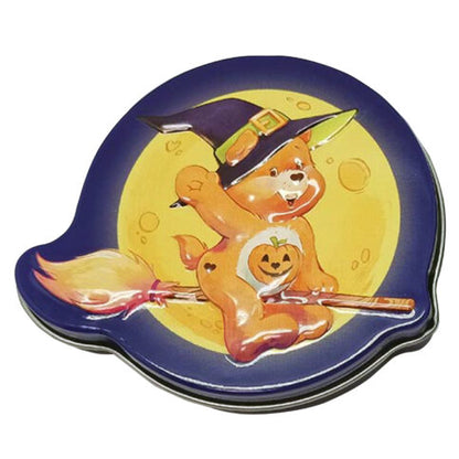 Scare Bears brand candy tin featuring a Care Bear character with a jack-o-lantern belly badge, witch hat, and broomstick against a full moon background.
