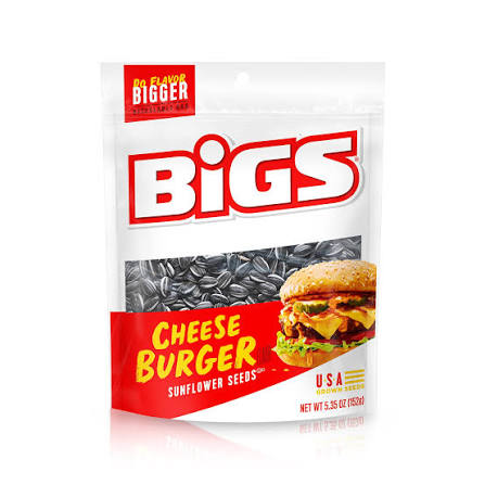 BIGS Cheeseburger Sunflower Seeds bag in white, red, and yellow packaging, showing roasted in-shell sunflower seeds and a loaded cheeseburger graphic, 5.35 oz bag.