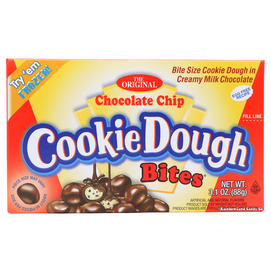 Chocolate Chip Cookie Dough Bites theater box, orange and yellow packaging showing chocolate covered cookie dough pieces with one bite open to reveal cookie dough inside, "Try 'em Frozen!" callout, net weight 3.1 oz (88g).