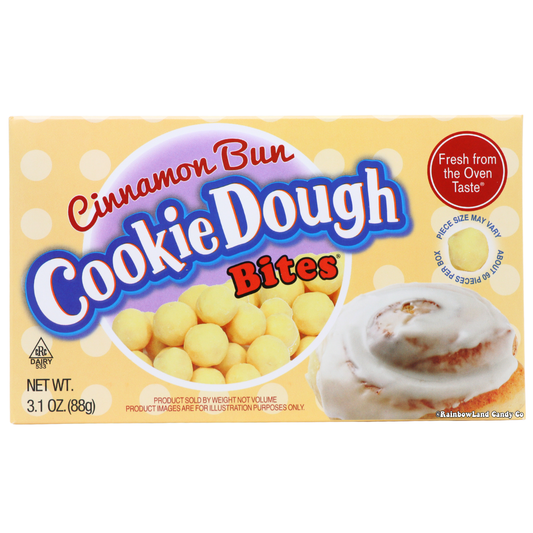 Cinnamon Bun Cookie Dough Bites theater box 3.1oz with 60 bite-sized cinnamon roll flavored candy pieces.
