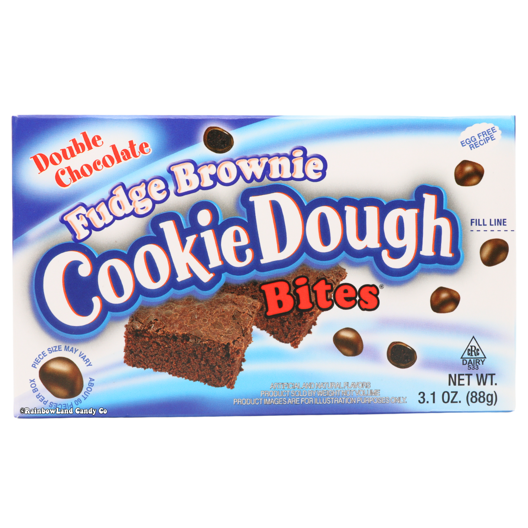 Cookie Dough Bites Fudge Brownie, 3.1 oz theater box in blue and white packaging with fudge brownie imagery and chocolate chip cookie dough bites shown on the front label.