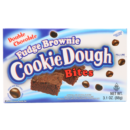 Cookie Dough Bites Fudge Brownie, 3.1 oz theater box in blue and white packaging with fudge brownie imagery and chocolate chip cookie dough bites shown on the front label.