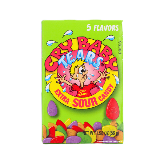 Cry Baby Tears Extra Sour Candy box 1.98 oz with 5 assorted sour fruit flavors including lemon, cherry, grape, orange and watermelon, tear shaped candy pieces.