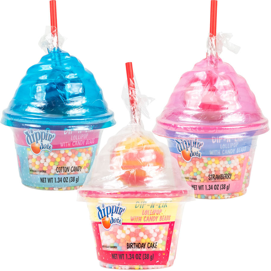 Dippin' Dots Dip-N-Lik Lollipop with Candy Beads, 1.34 oz, shown in three flavors — Cotton Candy (blue cup), Birthday Cake (pink and yellow cup), and Strawberry (pink cup) — each with a lollipop on a straw and sweet candy beads inside, flavor randomly selected.