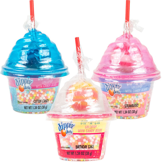 Dippin' Dots Dip-N-Lik Lollipop with Candy Beads, 1.34 oz, shown in three flavors — Cotton Candy (blue cup), Birthday Cake (pink and yellow cup), and Strawberry (pink cup) — each with a lollipop on a straw and sweet candy beads inside, flavor randomly selected.