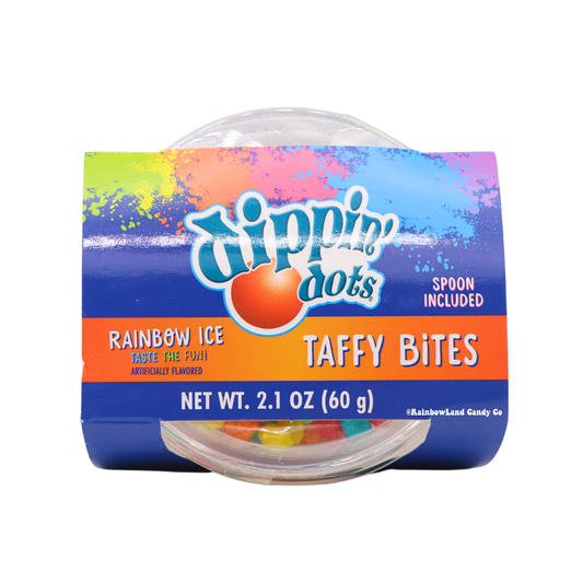 Dippin' Dots Taffy Bites Rainbow Ice 2.1 oz cup with a blue, orange, and rainbow-striped label featuring the Dippin' Dots logo, a "Spoon Included" callout, and colorful taffy candy visible at the bottom of the cup.