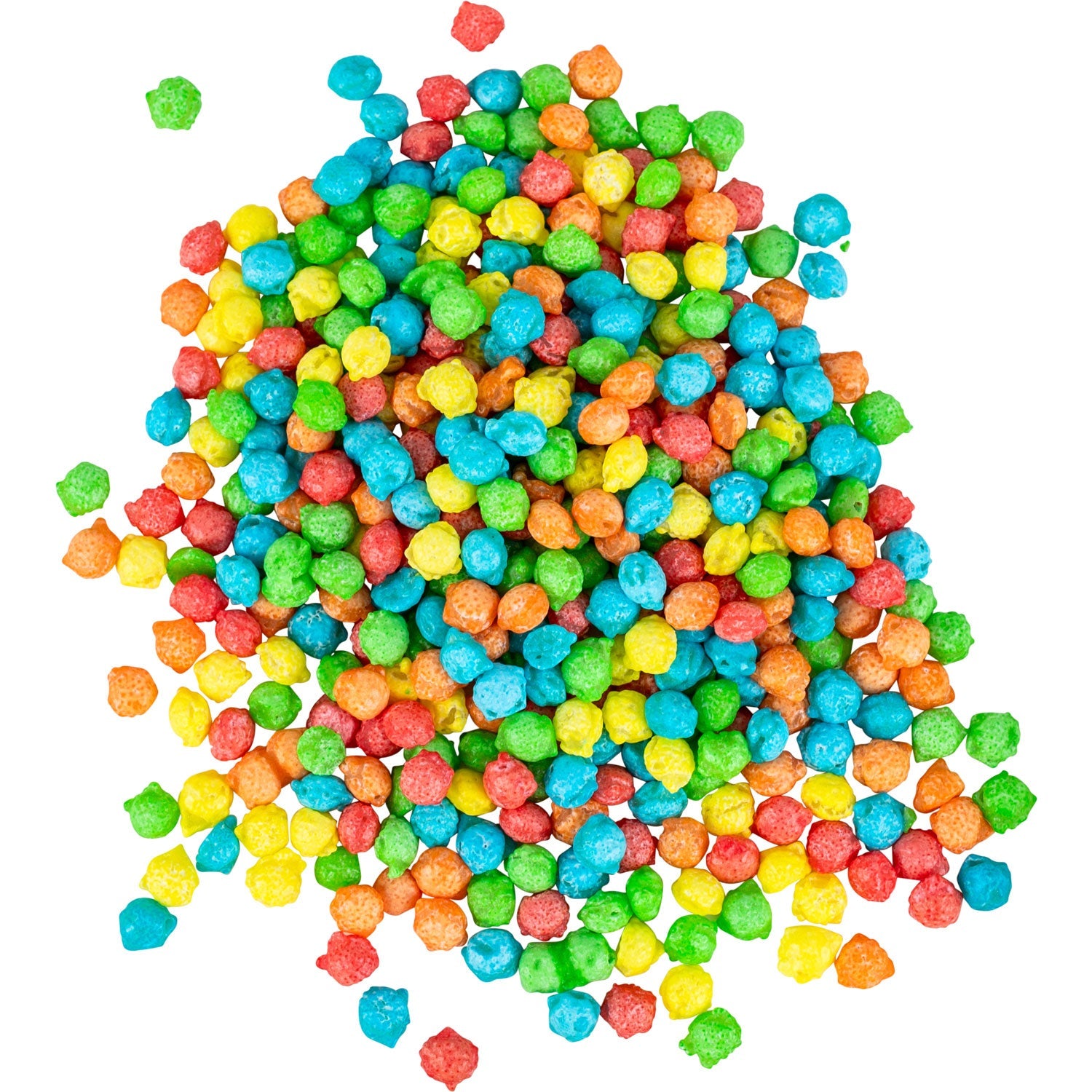 A pile of small, round Dippin' Dots Taffy Bites Rainbow Ice candy in bright blue, green, yellow, orange, and red colors scattered against a white background.