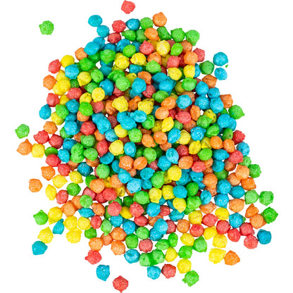 A pile of small, round Dippin' Dots Taffy Bites Rainbow Ice candy in bright blue, green, yellow, orange, and red colors scattered against a white background.