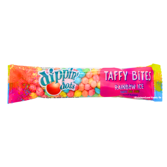 Dippin' Dots Taffy Bites Rainbow Ice, 0.88 oz single-serve bar in colorful pink, yellow, and orange packaging with small rainbow-colored taffy bites visible through the front window.
