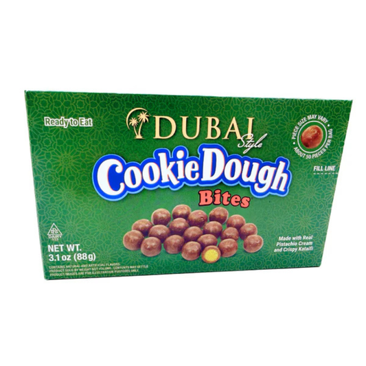 Dubai Style Cookie Dough Bites 3.1oz box with pistachio cream and crispy kataifi, chocolate covered candy bites.