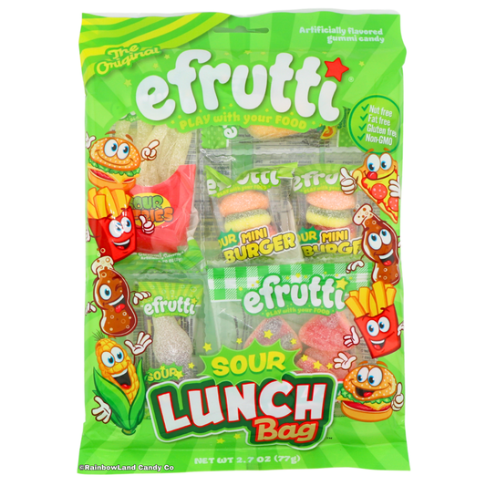 Efrutti Sour Gummi Lunch Bag packaging in bright green with cartoon food characters — a burger, fries, pizza, corn, and cola bottle — surrounding a red "SOUR LUNCH Bag" logo, showing individually wrapped sour gummi mini burgers and cola bottle pieces through clear windows, 2.7 oz assorted gummy candy.