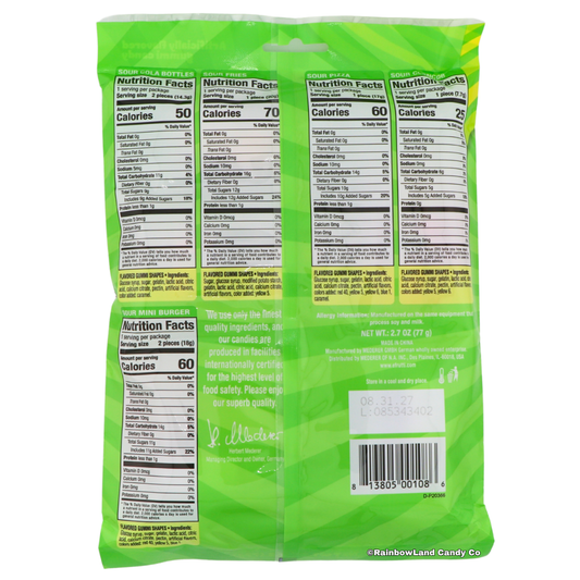 Back of Efrutti Sour Gummi Lunch Bag packaging showing nutrition facts and ingredient labels for Sour Gola Bottles, Sour Fries, Sour Pizza, Sour Corn, and Sour Mini Burger, with net weight 2.7 oz (77 g) on a bright green background.