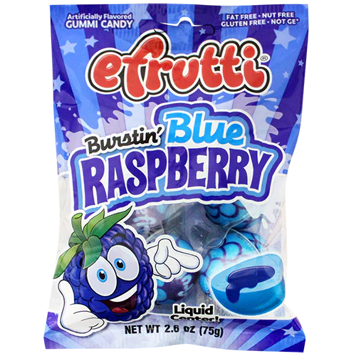 Efrutti Burstin' Blue Raspberry Gummies packaging with vibrant design.
