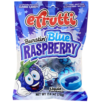 Efrutti Burstin' Blue Raspberry Gummies packaging with vibrant design.