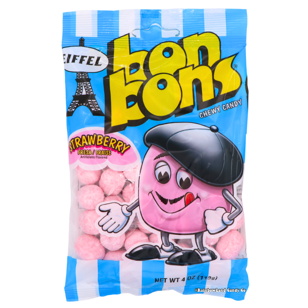 Eiffel Bon Bons Strawberry chewy candy 4oz bag featuring bite-sized chewy candy pieces in pink with bold sweet strawberry flavor and the iconic Eiffel brand mascot character in a beret on light blue and white striped packaging.