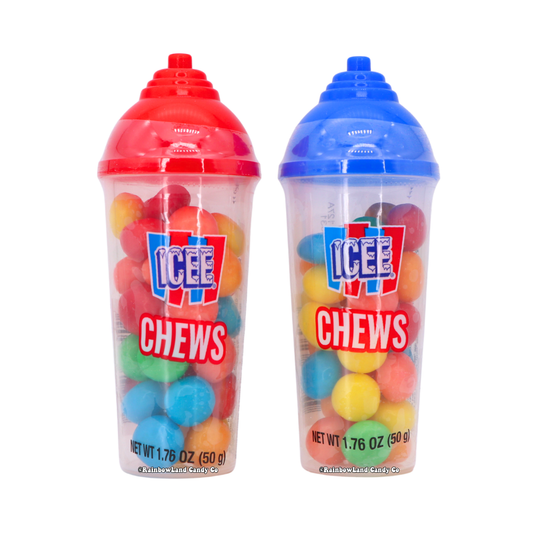 Two mini ICEE Chews cups with red and blue dome lids, each filled with a colorful assortment of six flavors of chewy candy, 1.76 oz.