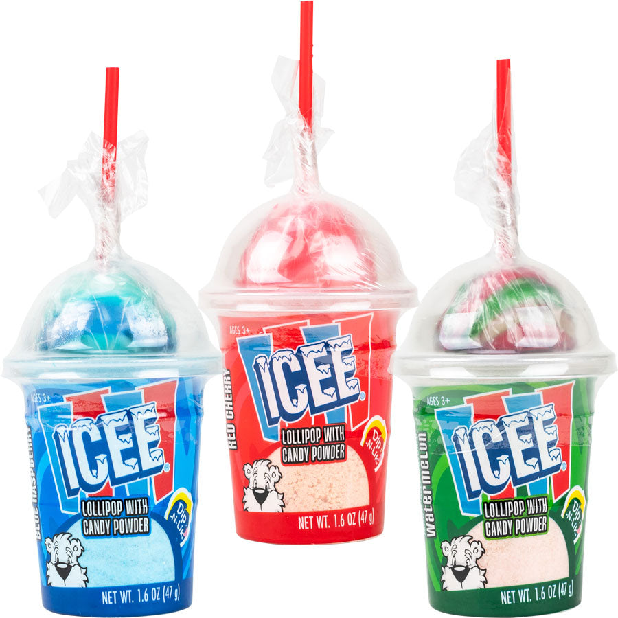 ICEE Dip-N-Lik lollipop and candy powder cup in blue raspberry, red cherry, and watermelon flavors, packaged in a miniature ICEE-branded cup with red lollipop stick.