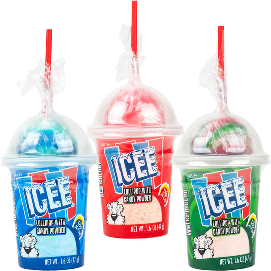ICEE Dip-N-Lik lollipop and candy powder cup in blue raspberry, red cherry, and watermelon flavors, packaged in a miniature ICEE-branded cup with red lollipop stick.